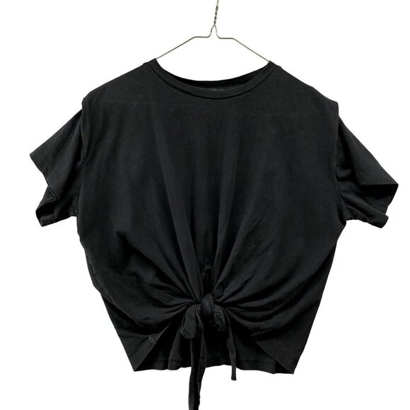 Hello Molly Linen Blend T Shirt Womens Small S Black Short Sleeve Tie Front Crop - Picture 1 of 8